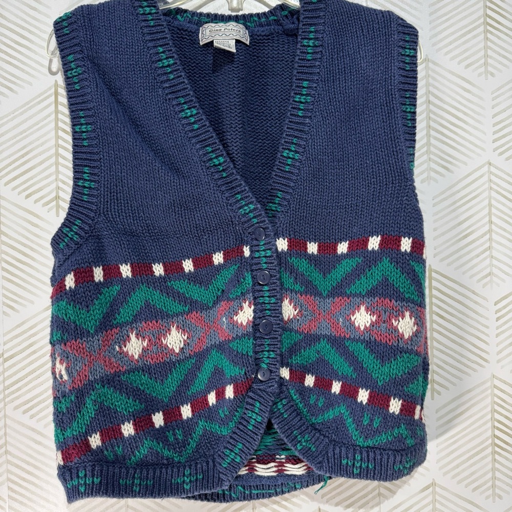 Vintage 90s Gina Peters Womens Blue Preppy Cottagecore Sweater‎ Vest Sz S
